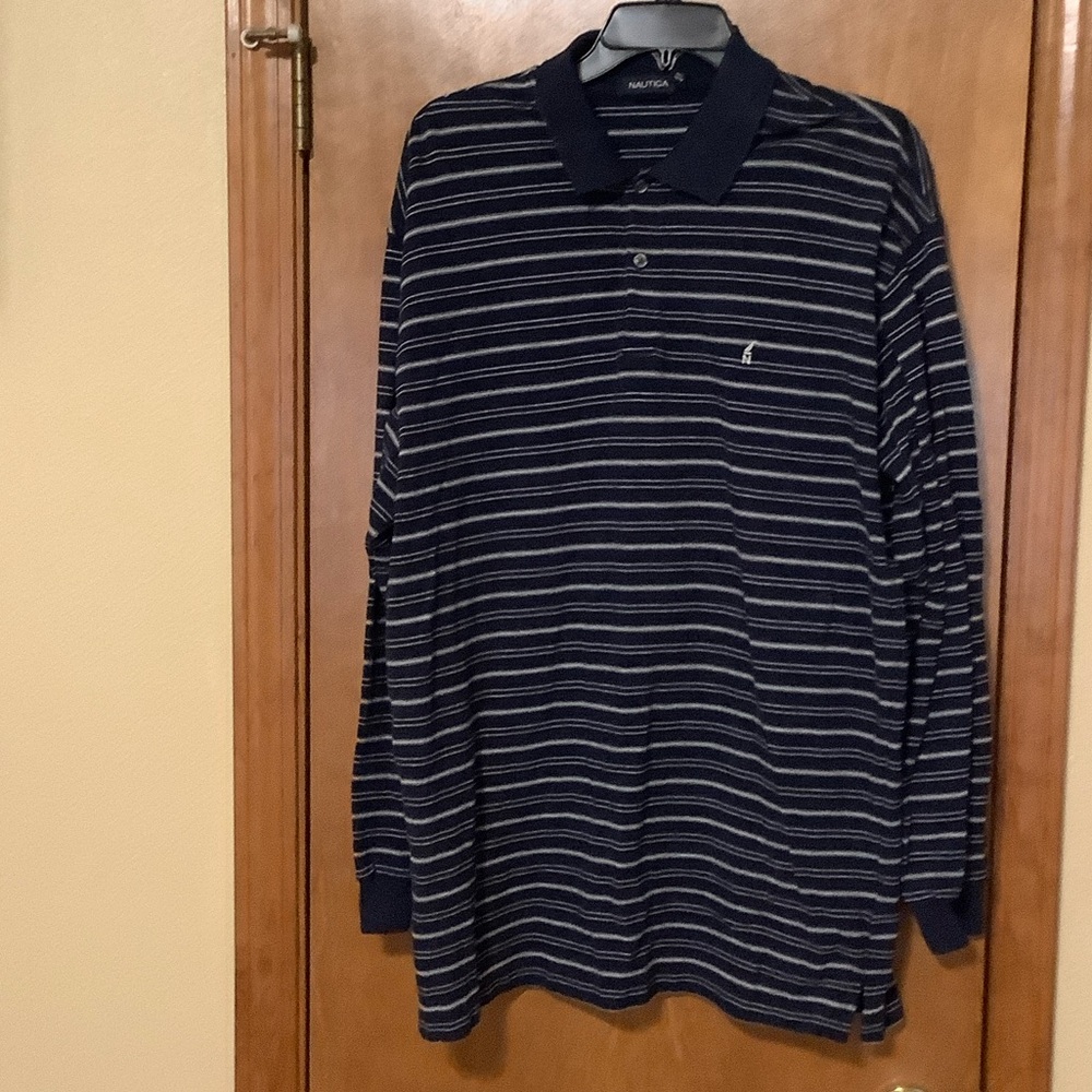 Nautica Dark Blue Striped Long Sleeve Polo